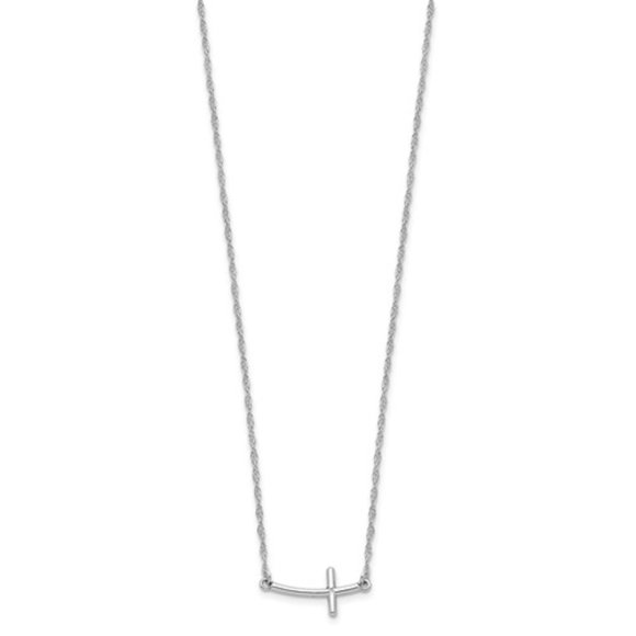 925 Sterling Silver Rhodium-plated Small Sideways Curved Cross Necklace - Picture 3 of 5